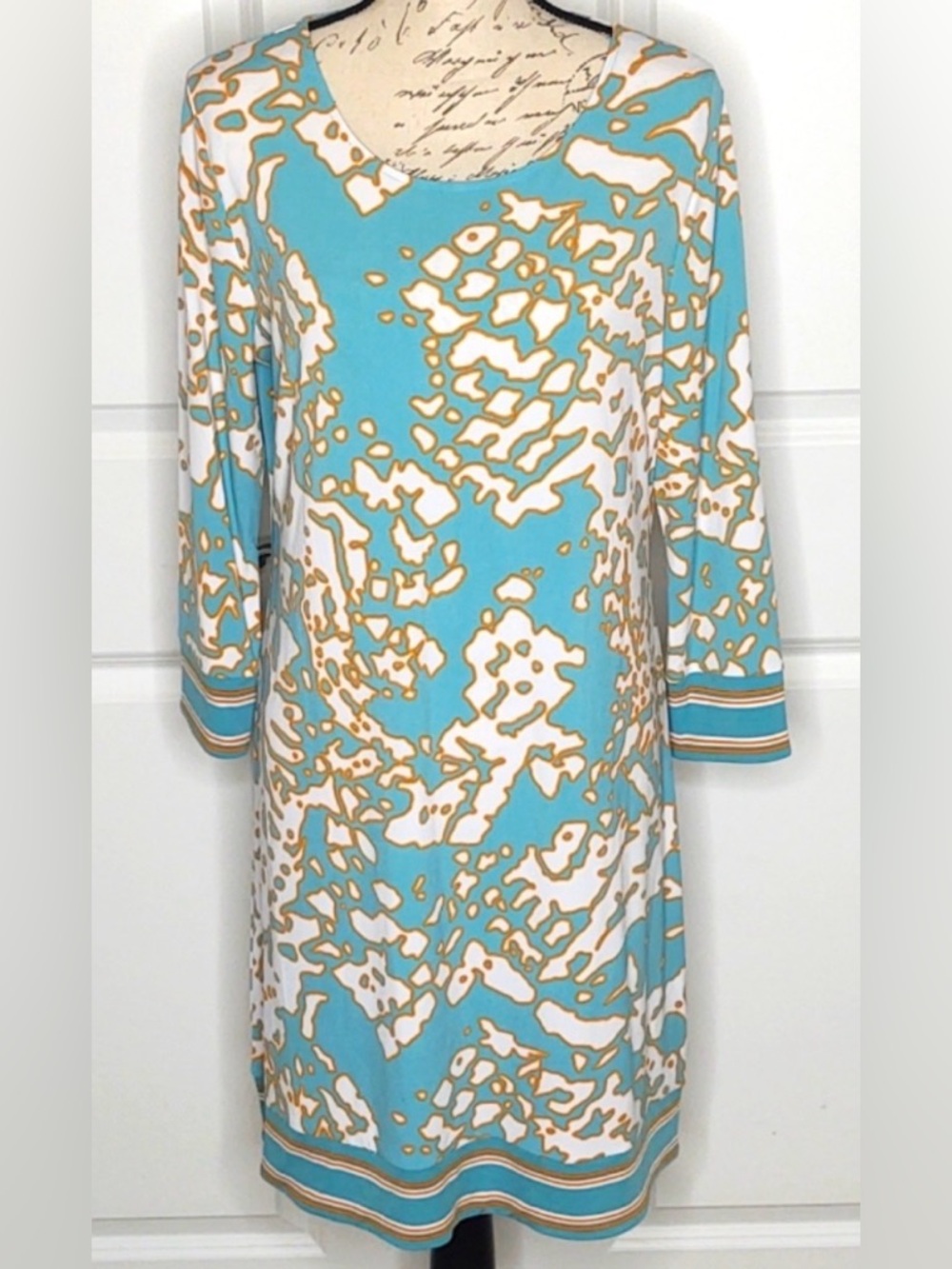 MICHAEL Michael Kors Turquoise, White and Gold Long Sleeve Shift Dress